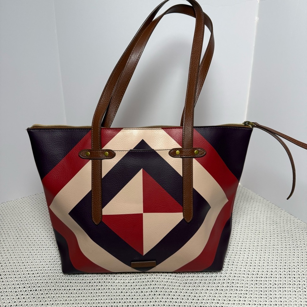 Fossil Geometric Tote in Red, Cream, and Brown